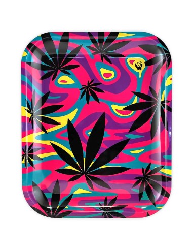 fire-flow-neon-hanfblaetter-rolling-tray-drehunterlage-big-size-tablett-1 - Hemporium